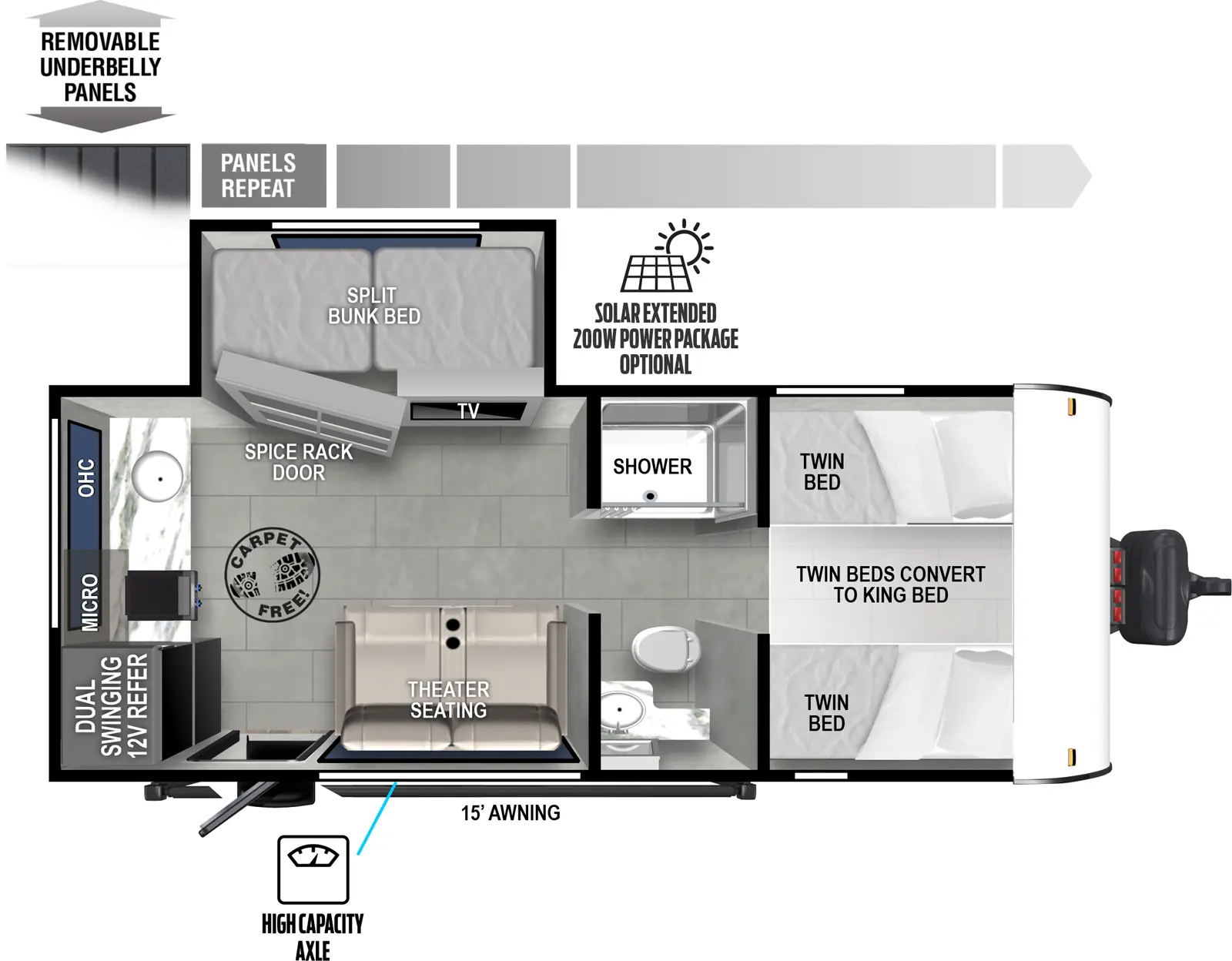 The Wildwood FSX 165VIEW floorplan has one slideout and one entry. Exterior features removable underbelly panels, optional solar extended 200W solar package, high capacity axles, and 15 foot awning. Interior layout front to back: opposing twin beds with an insert to make it a single king bed; split pass-thru full bathroom; off-door side TV and spice rack door with hidden split bunk bed behind; door side theater seating and entry; rear dual swinging 12V refrigerator, kitchen counter with cooktop, microwave, sink, and overhead cabinet. Carpet free RV.